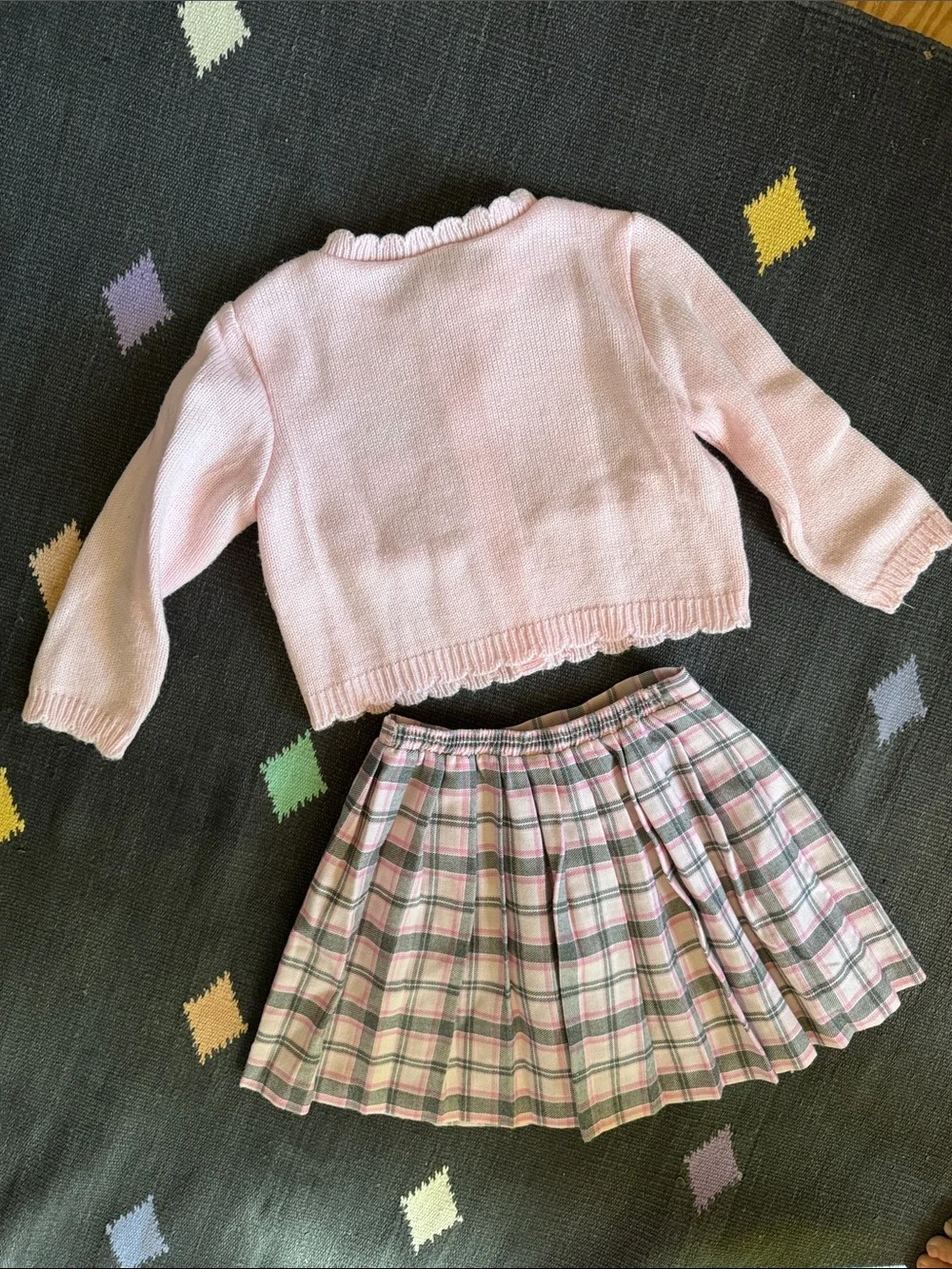Vintage Sweater Cardigan and Plaid Skirt Matching Pink Cats
